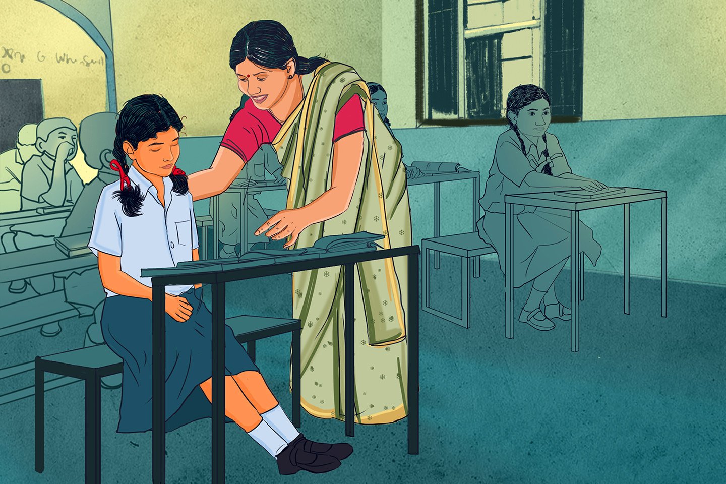 Indian girl in classroom illustration