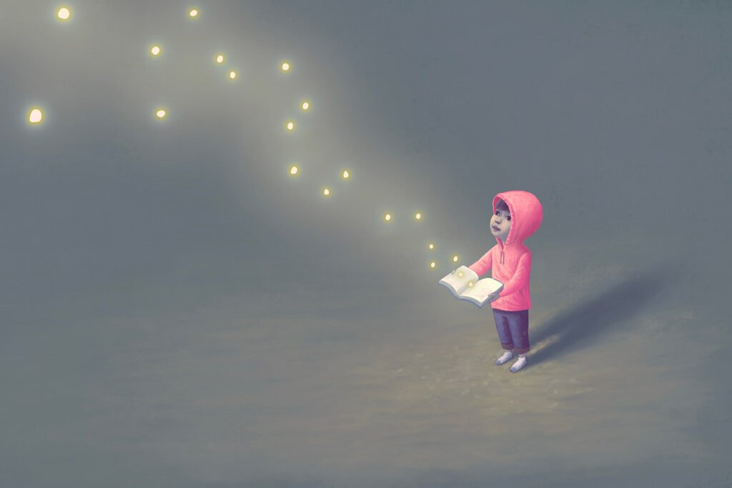 Child opening book illustration