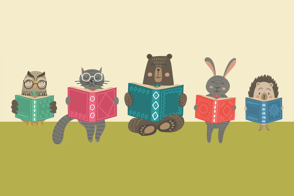 Cats dogs animals reading books illustration