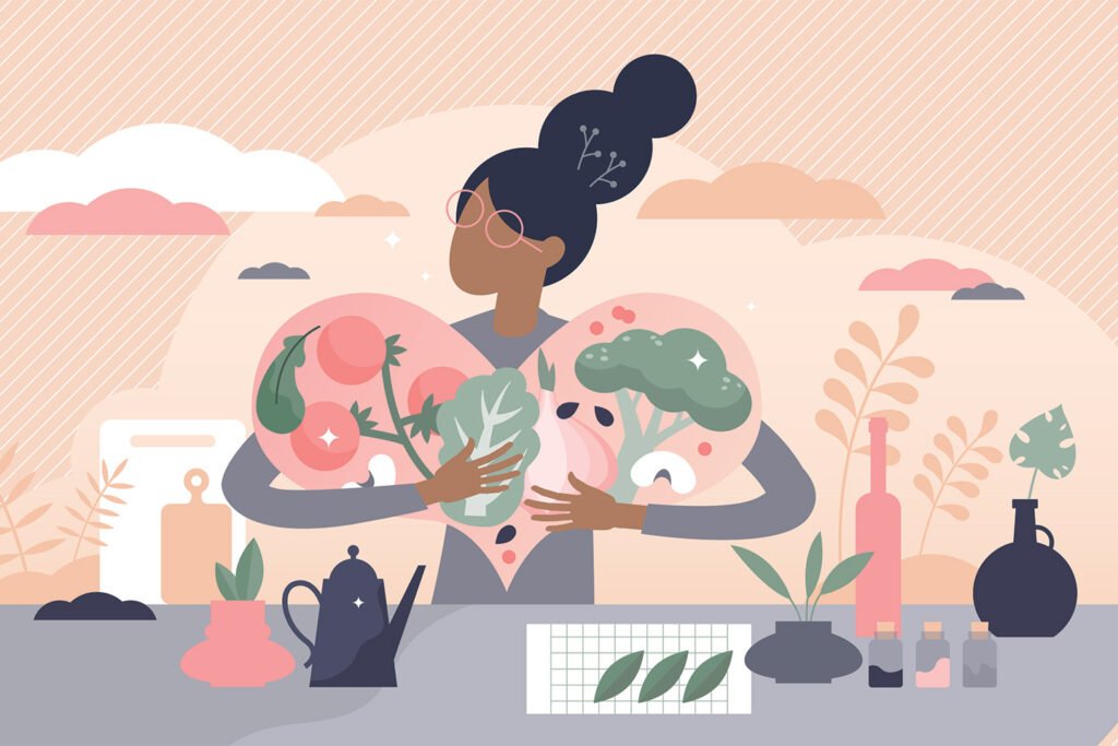 Illustration of a woman with vegan groceries