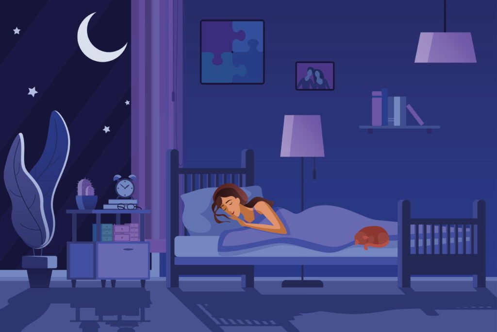 Woman sleeping in bed with cat illustration