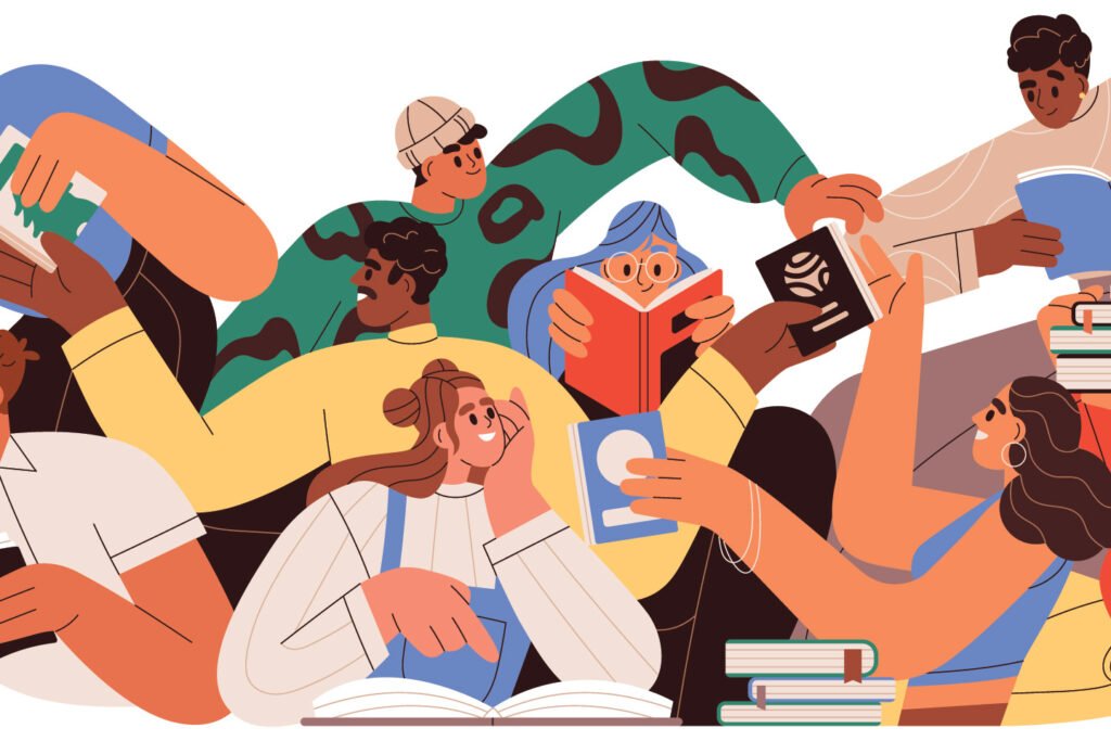 Young people reading books illustration